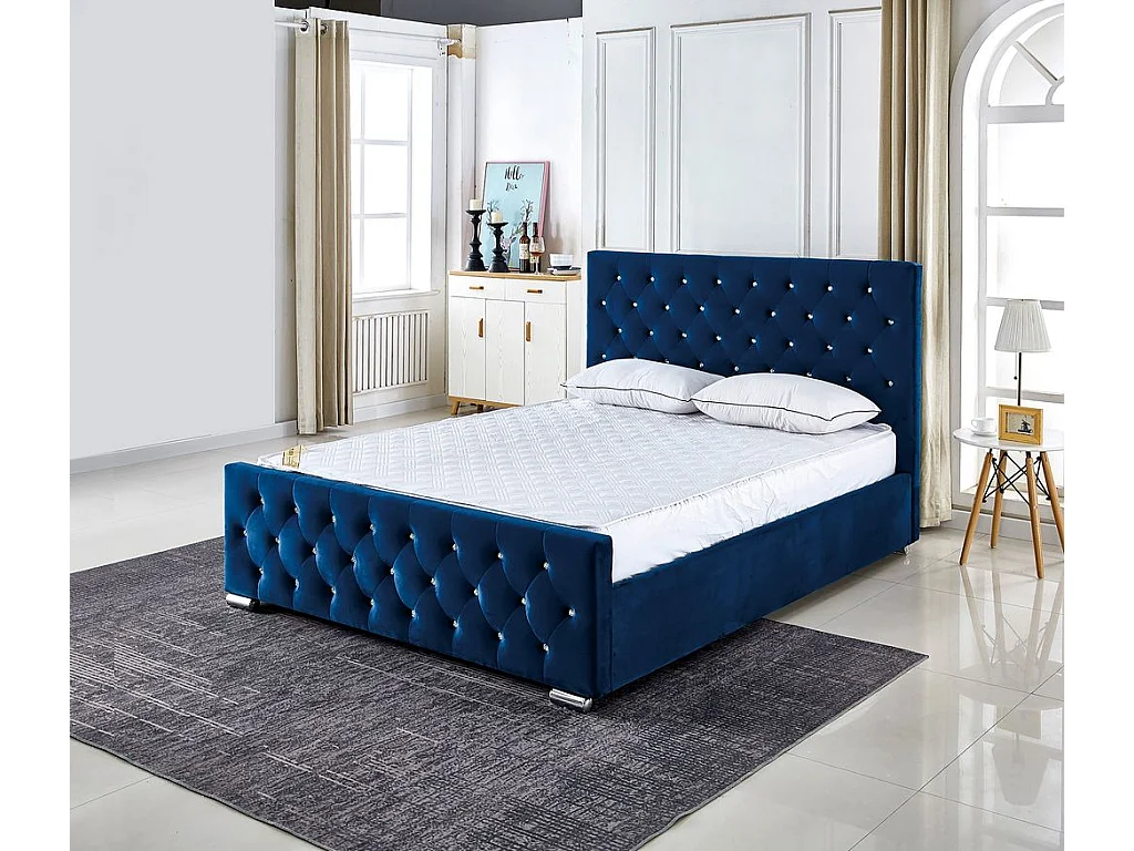 Lit PRESTIGE 2 places 140x190 cm velours bleu sommier inclus