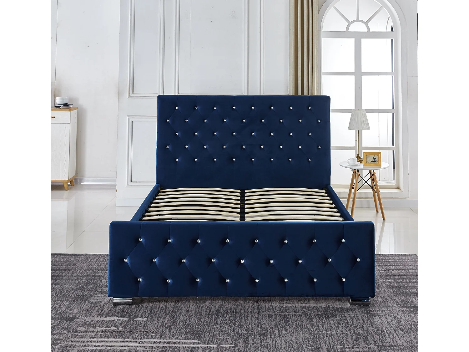 Lit  2 places 140x190 cm velours bleu sommier inclus PRESTIGE