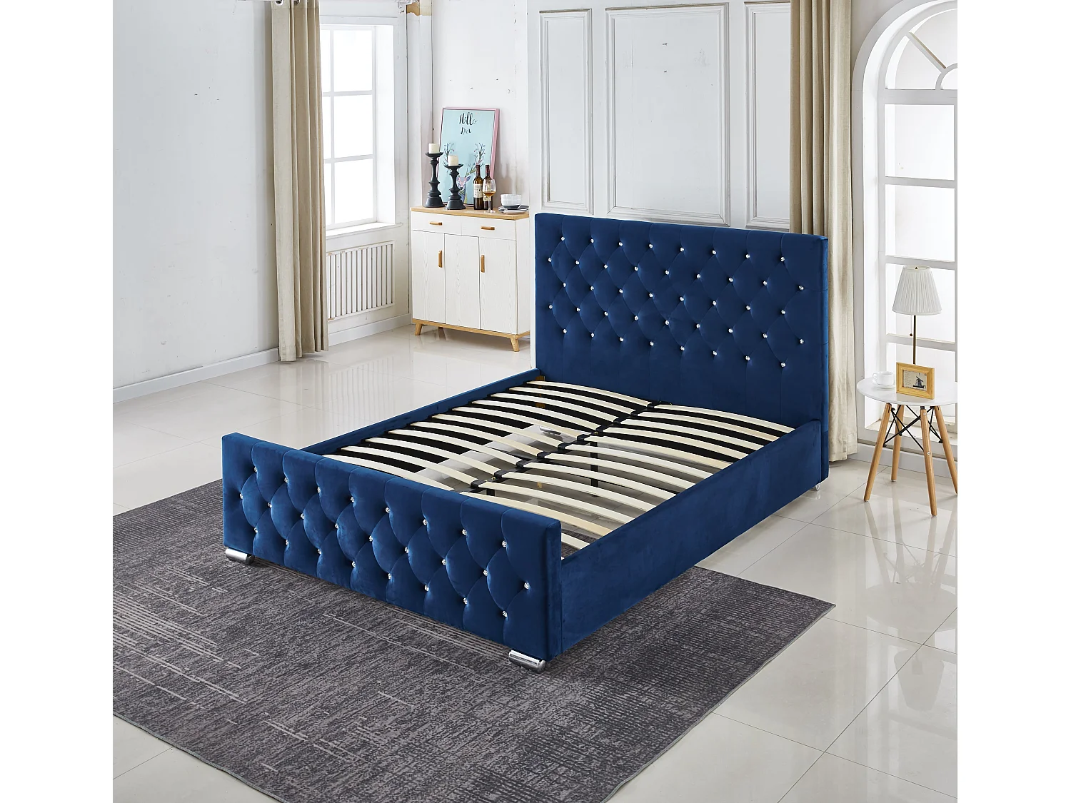 Lit  2 places 140x190 cm velours bleu sommier inclus PRESTIGE