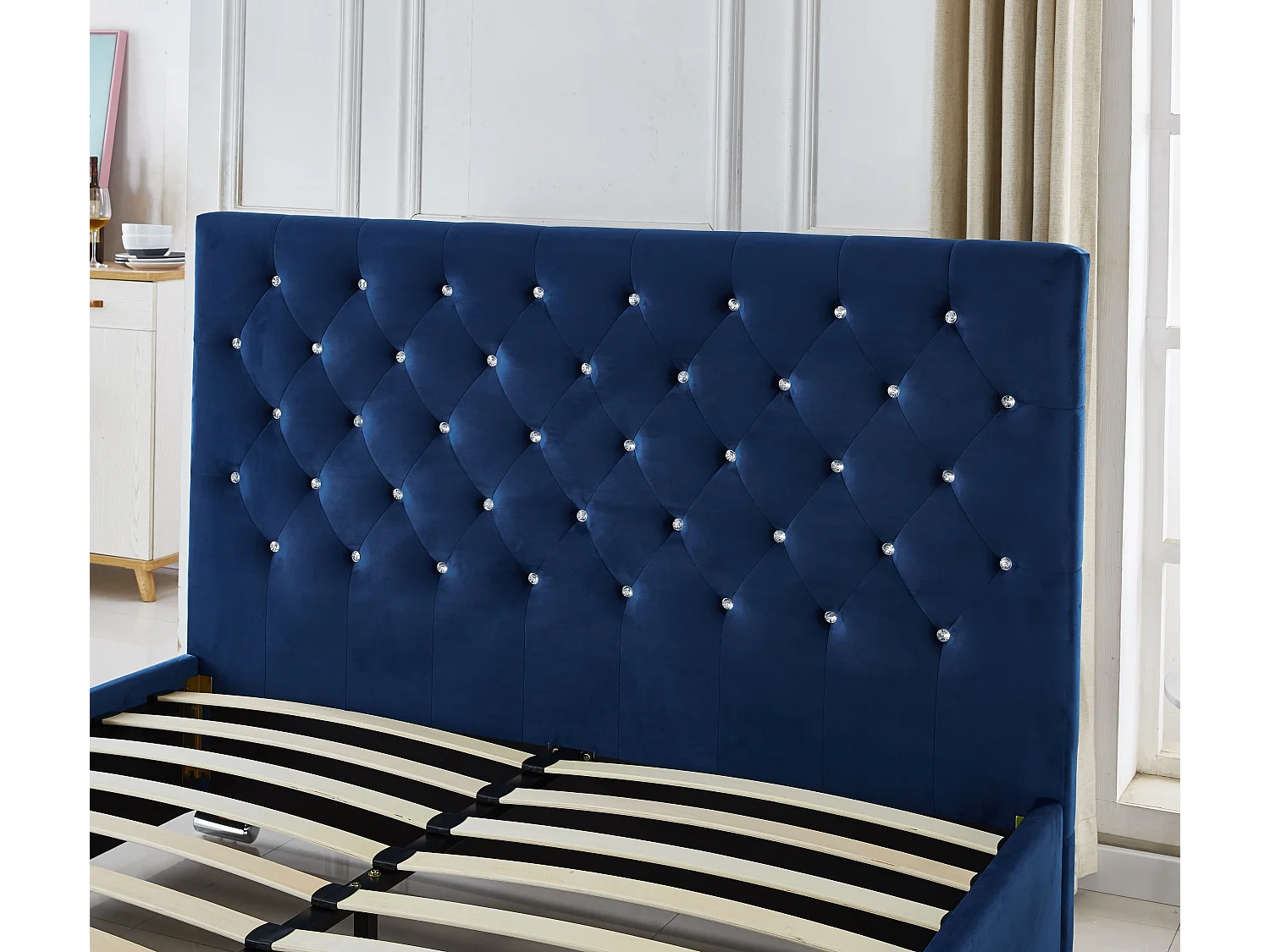 Lit  2 places 140x190 cm velours bleu sommier inclus PRESTIGE