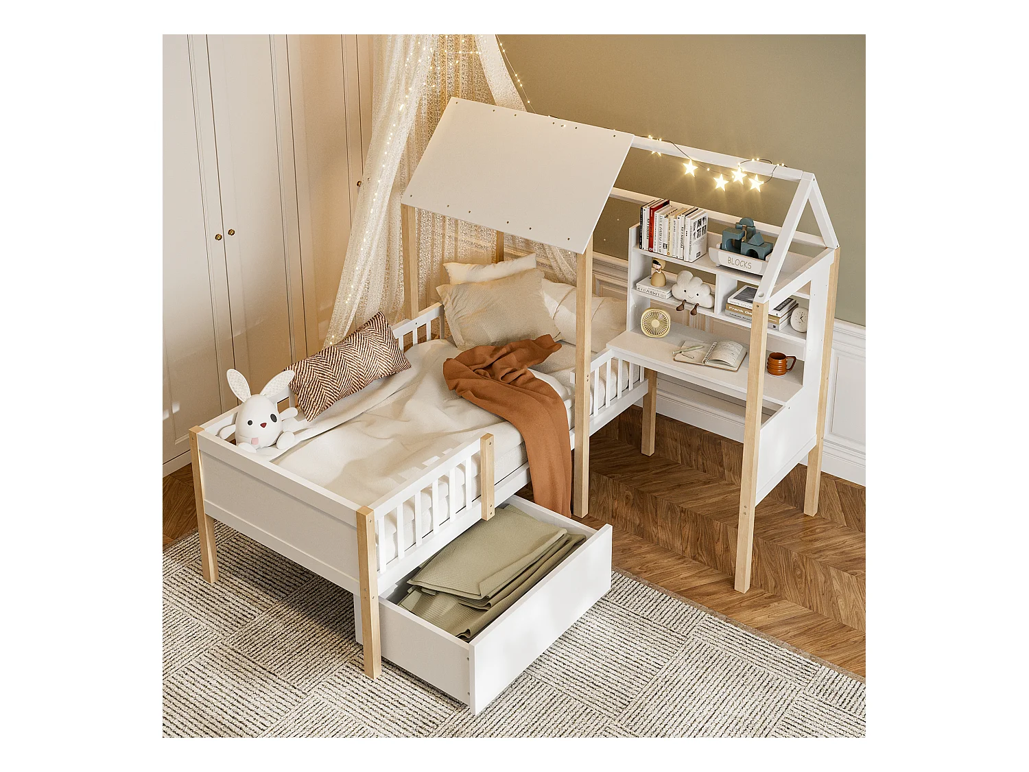 Lit combiné pour enfant - 90 x 200 cm - avec bureau en L + étagères intégrés + 1 tirois - bois - blanc
