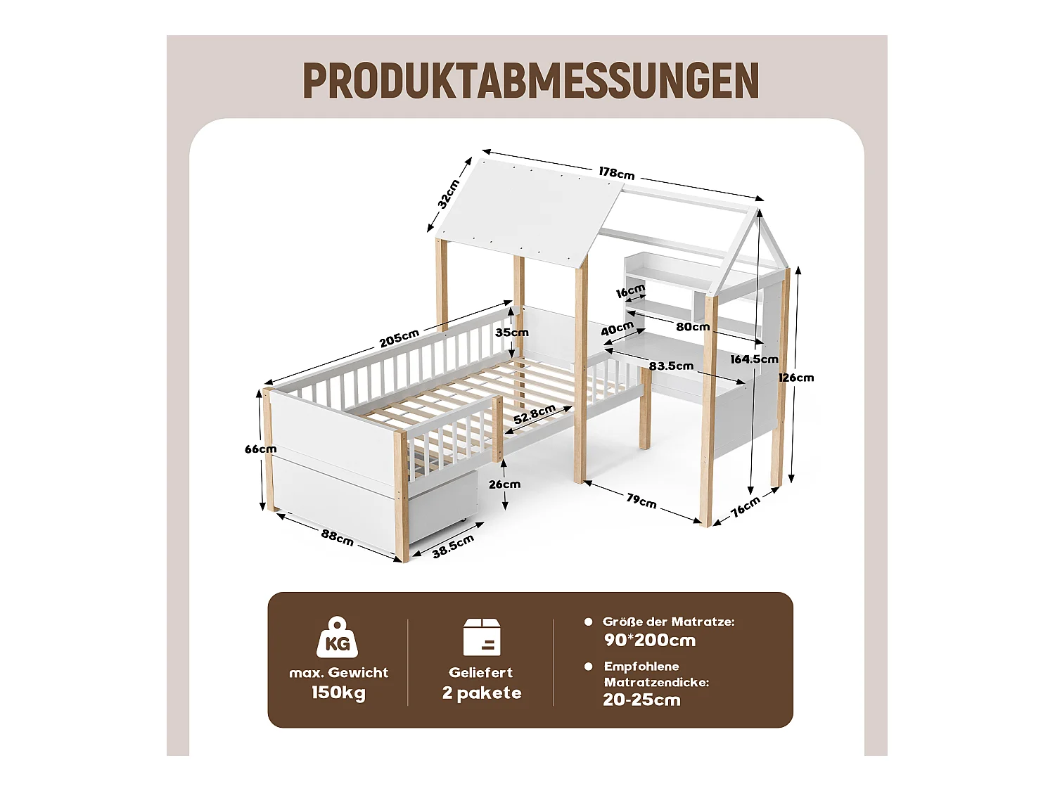Lit combiné pour enfant - 90 x 200 cm - avec bureau en L + étagères intégrés + 1 tirois - bois - blanc