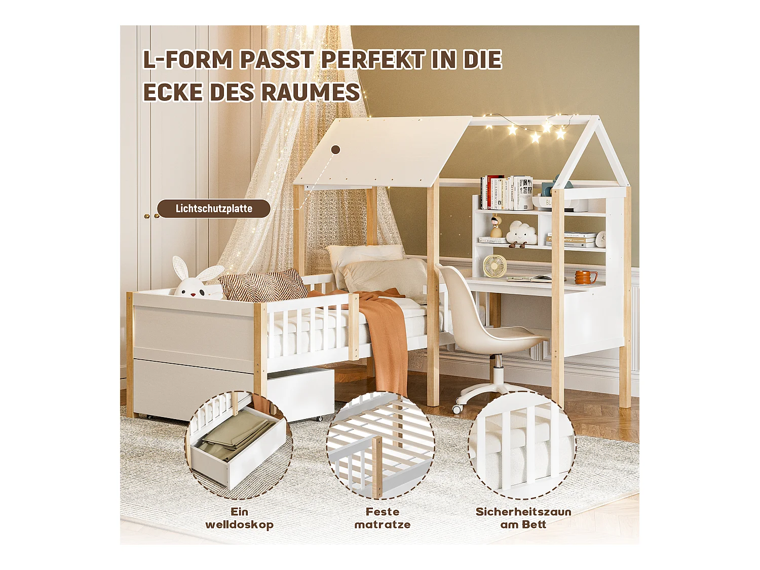 Lit combiné pour enfant - 90 x 200 cm - avec bureau en L + étagères intégrés + 1 tirois - bois - blanc