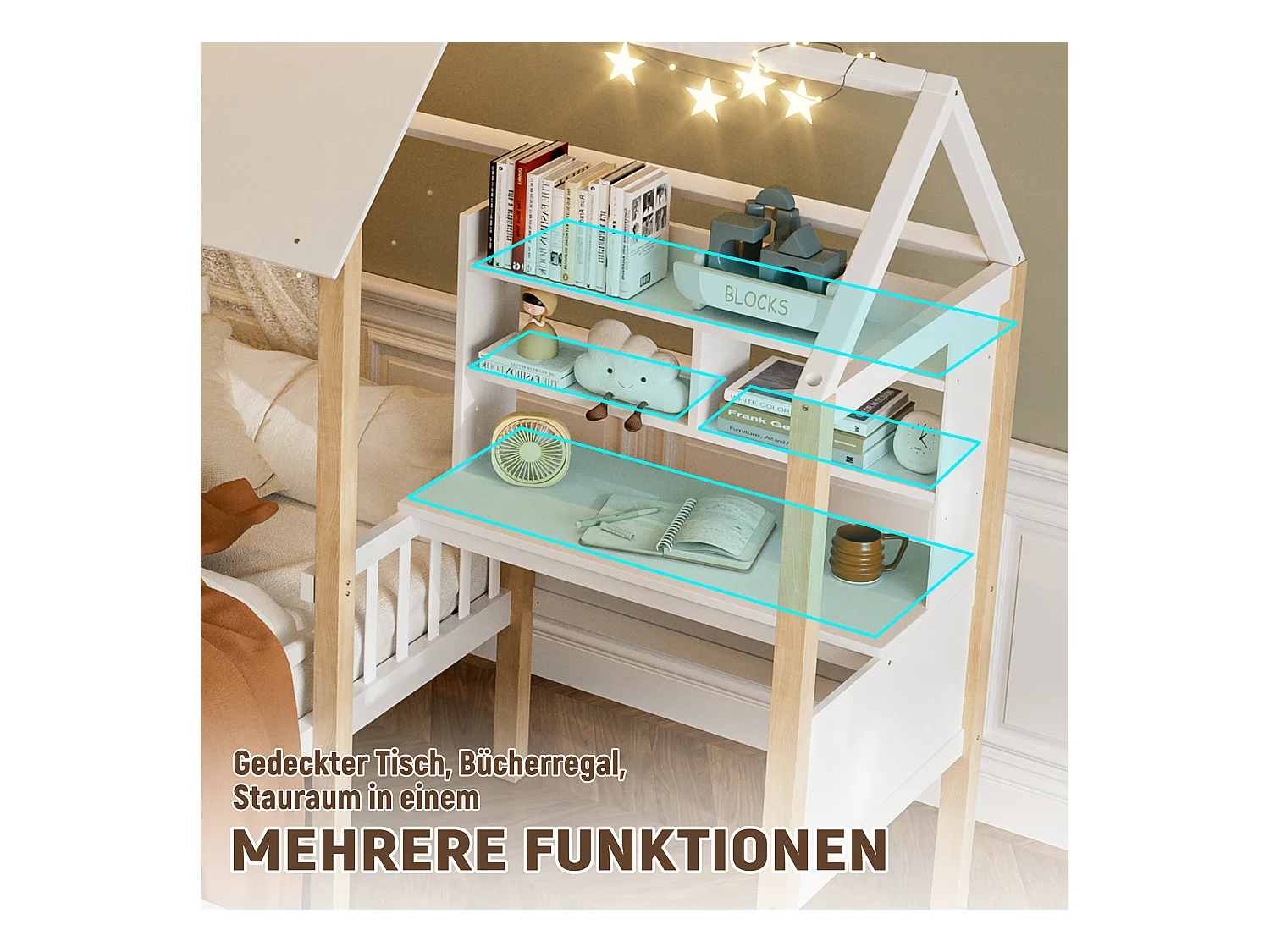 Lit combiné pour enfant - 90 x 200 cm - avec bureau en L + étagères intégrés + 1 tirois - bois - blanc