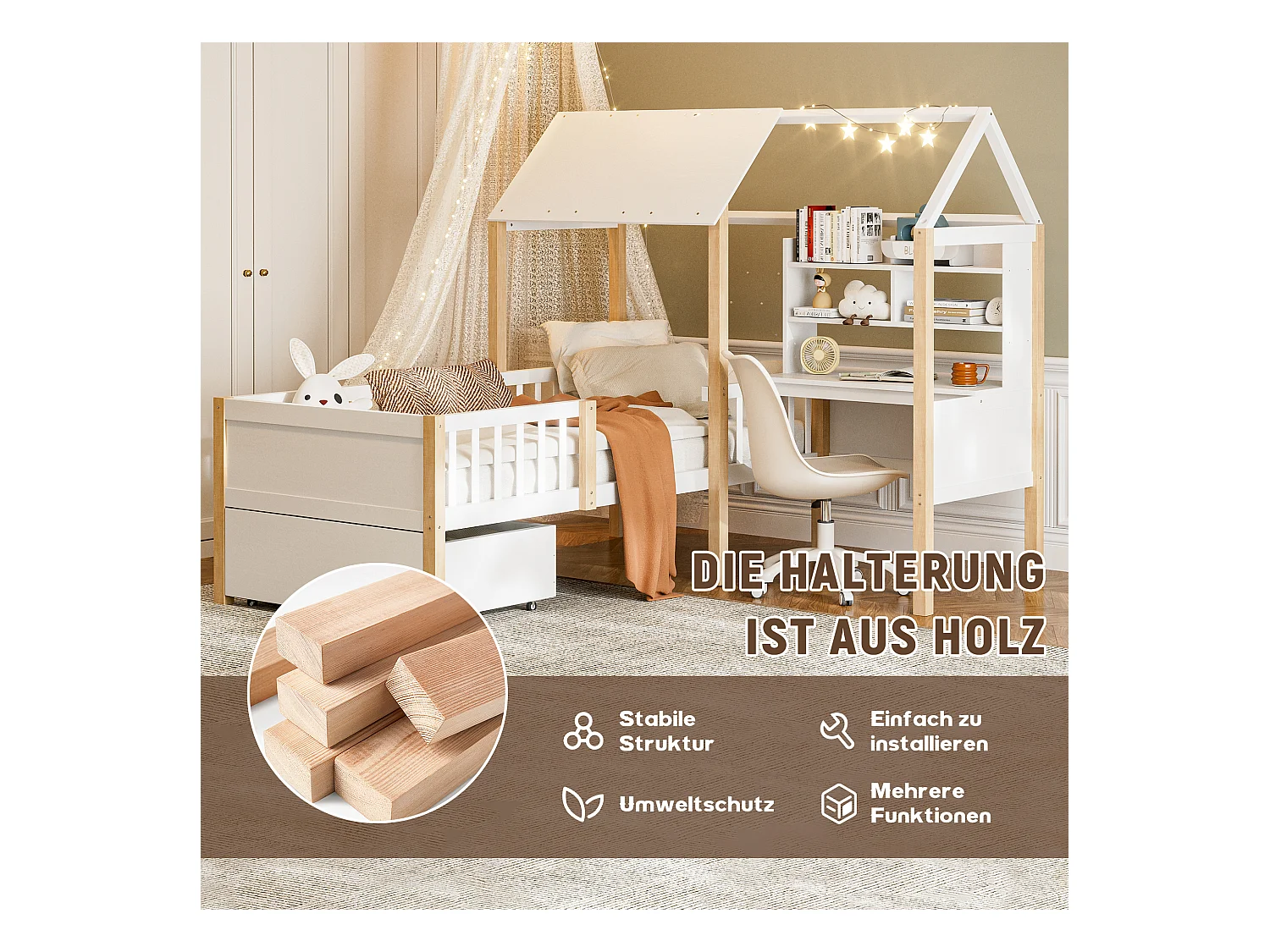 Lit combiné pour enfant - 90 x 200 cm - avec bureau en L + étagères intégrés + 1 tirois - bois - blanc