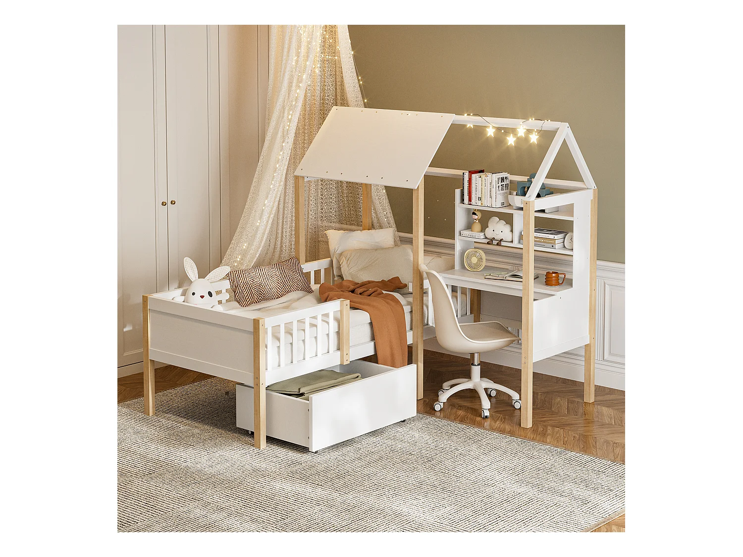 Lit combiné pour enfant - 90 x 200 cm - avec bureau en L + étagères intégrés + 1 tirois - bois - blanc