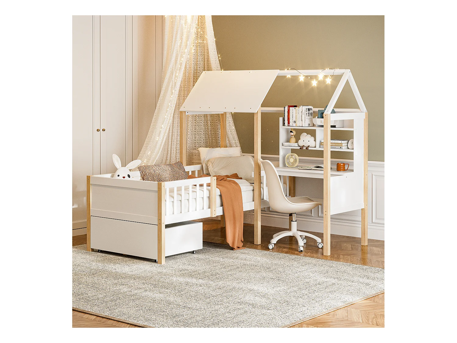 Lit combiné pour enfant - 90 x 200 cm - avec bureau en L + étagères intégrés + 1 tirois - bois - blanc