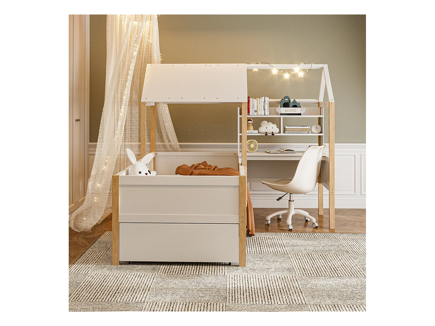 Lit combiné pour enfant - 90 x 200 cm - avec bureau en L + étagères intégrés + 1 tirois - bois - blanc