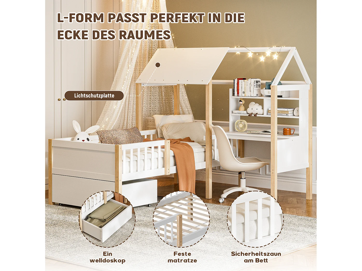 Lit combiné pour enfant - 90 x 200 cm - avec bureau en L + étagères intégrés + 1 tirois - bois - blanc