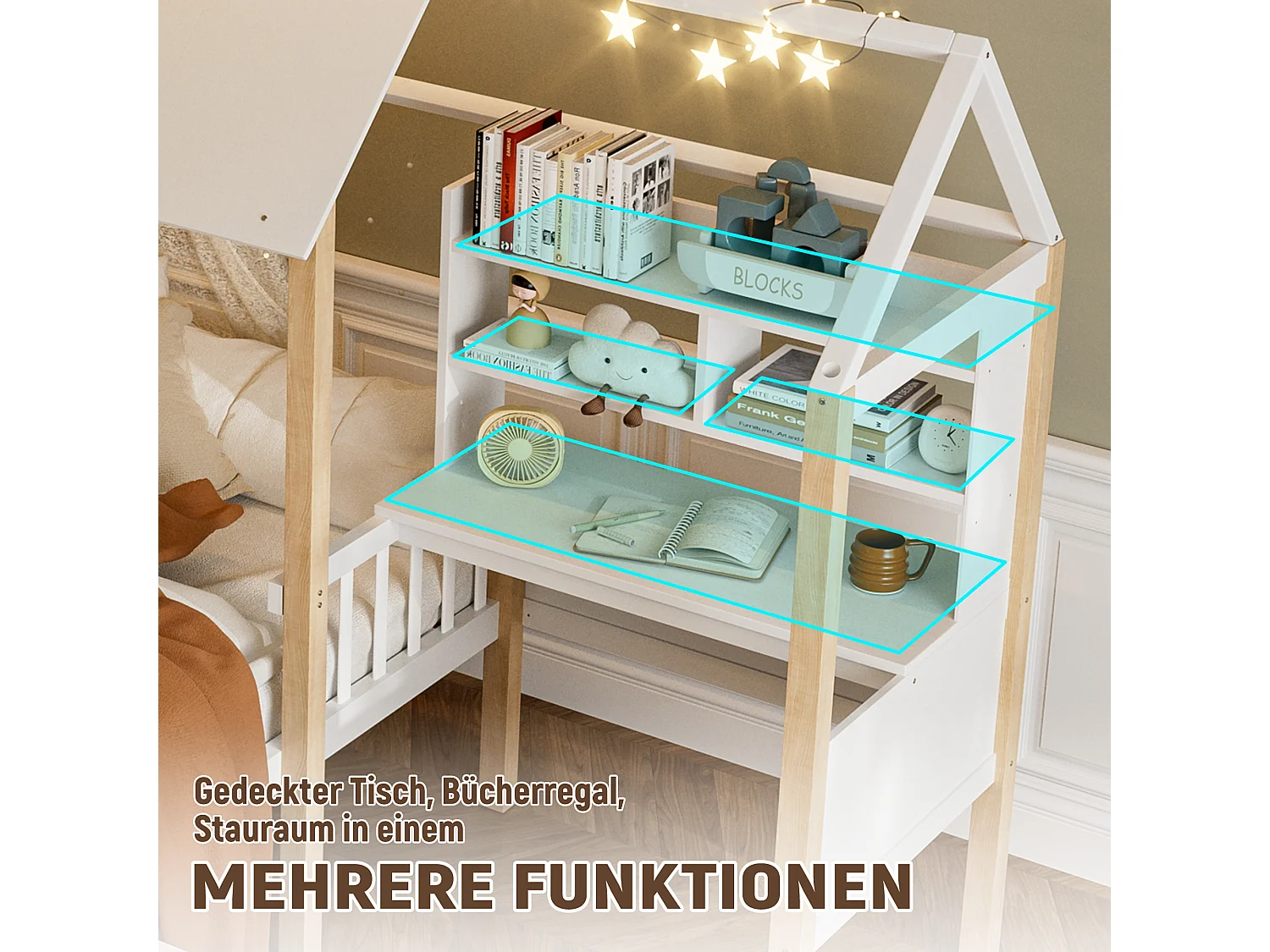 Lit combiné pour enfant - 90 x 200 cm - avec bureau en L + étagères intégrés + 1 tirois - bois - blanc