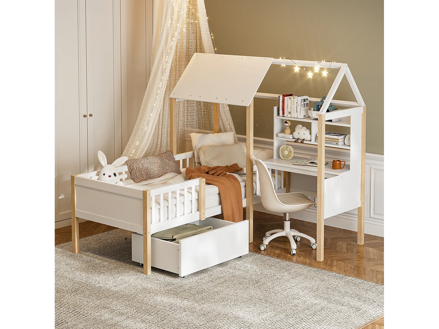 Lit combiné pour enfant - 90 x 200 cm - avec bureau en L + étagères intégrés + 1 tirois - bois - blanc