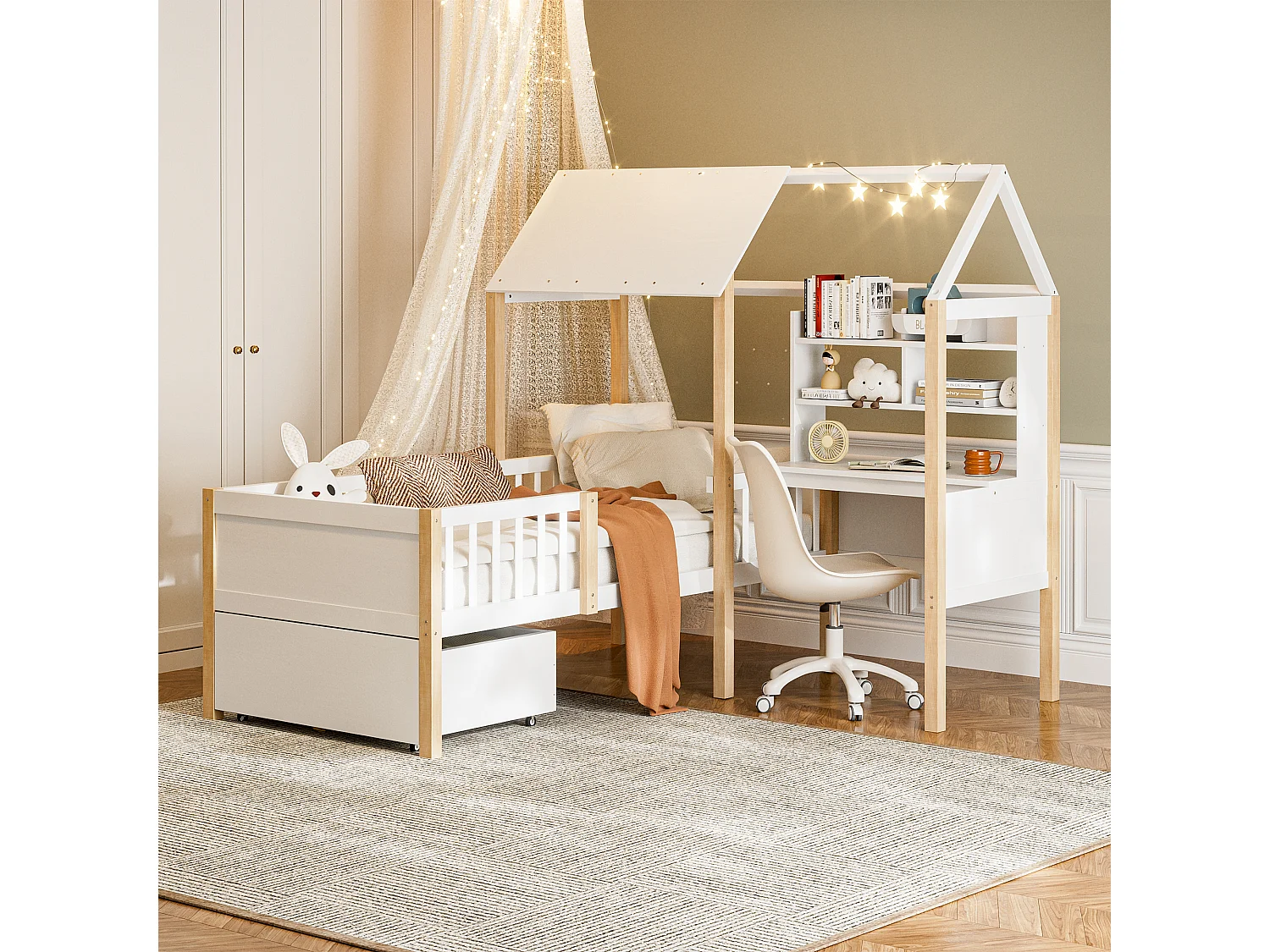 Lit combiné pour enfant - 90 x 200 cm - avec bureau en L + étagères intégrés + 1 tirois - bois - blanc