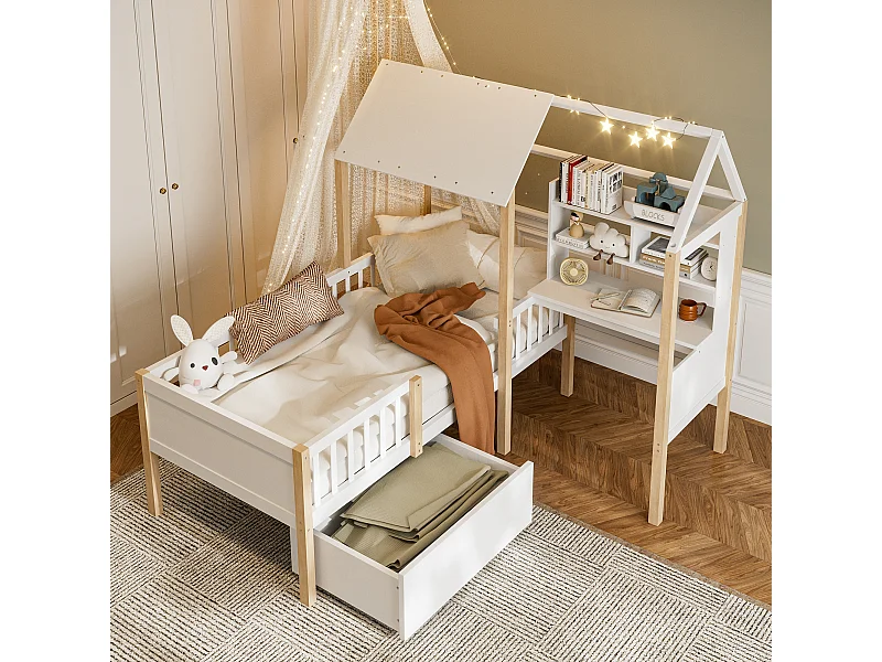 Lit combiné pour enfant - 90 x 200 cm - avec bureau en L + étagères intégrés + 1 tirois - bois - blanc