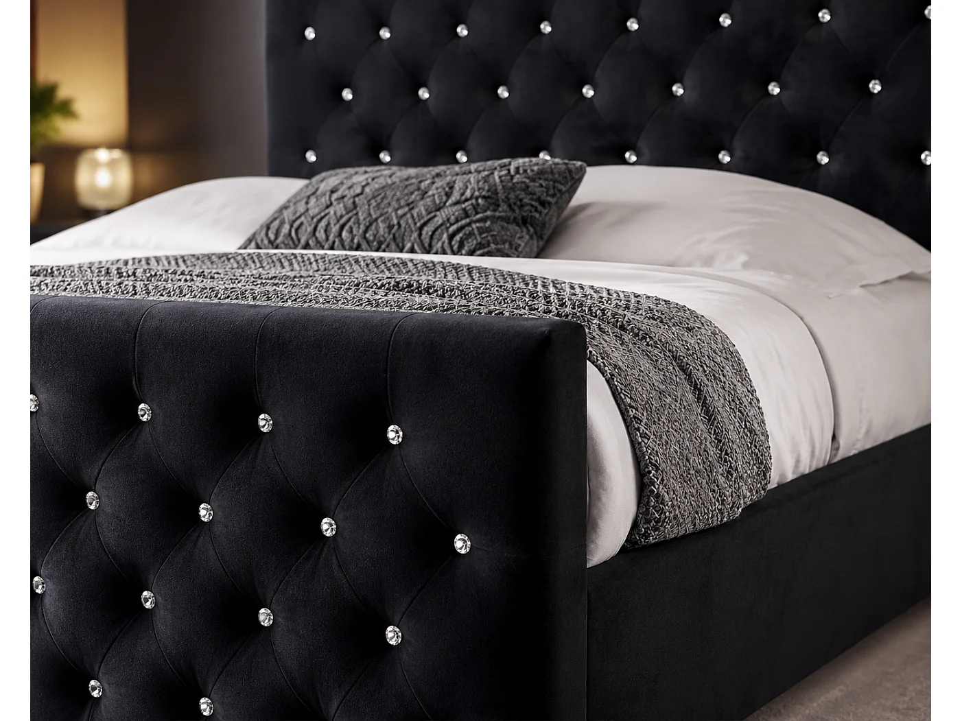 Lit  2 places 160x200 cm en velours noir sommier inclus PRESTIGE