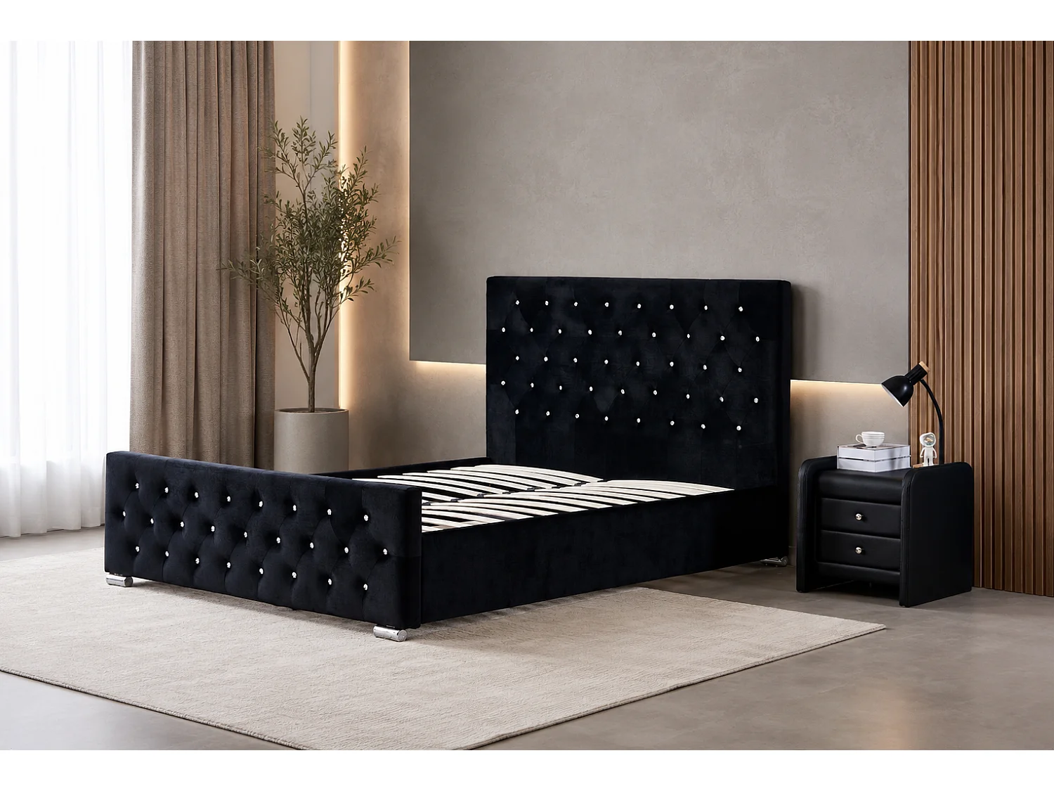 Lit  2 places 160x200 cm en velours noir sommier inclus PRESTIGE