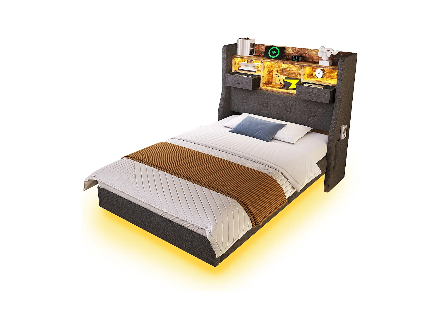 Lit rembourré moderne - 90 x 200 cm - avec Leds + station de charge + tête de lit de rangement - lin - gris(avec matelas)