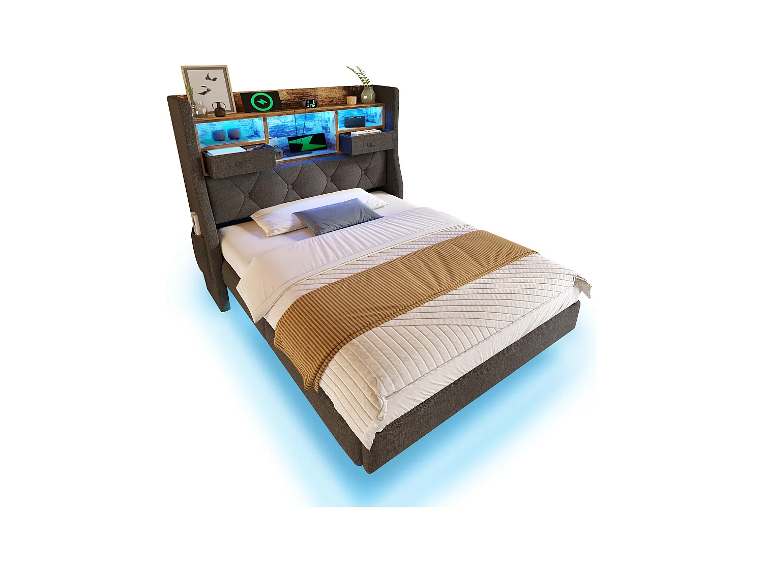 Lit rembourré moderne - 90 x 200 cm - avec Leds + station de charge + tête de lit de rangement - lin - gris(avec matelas)