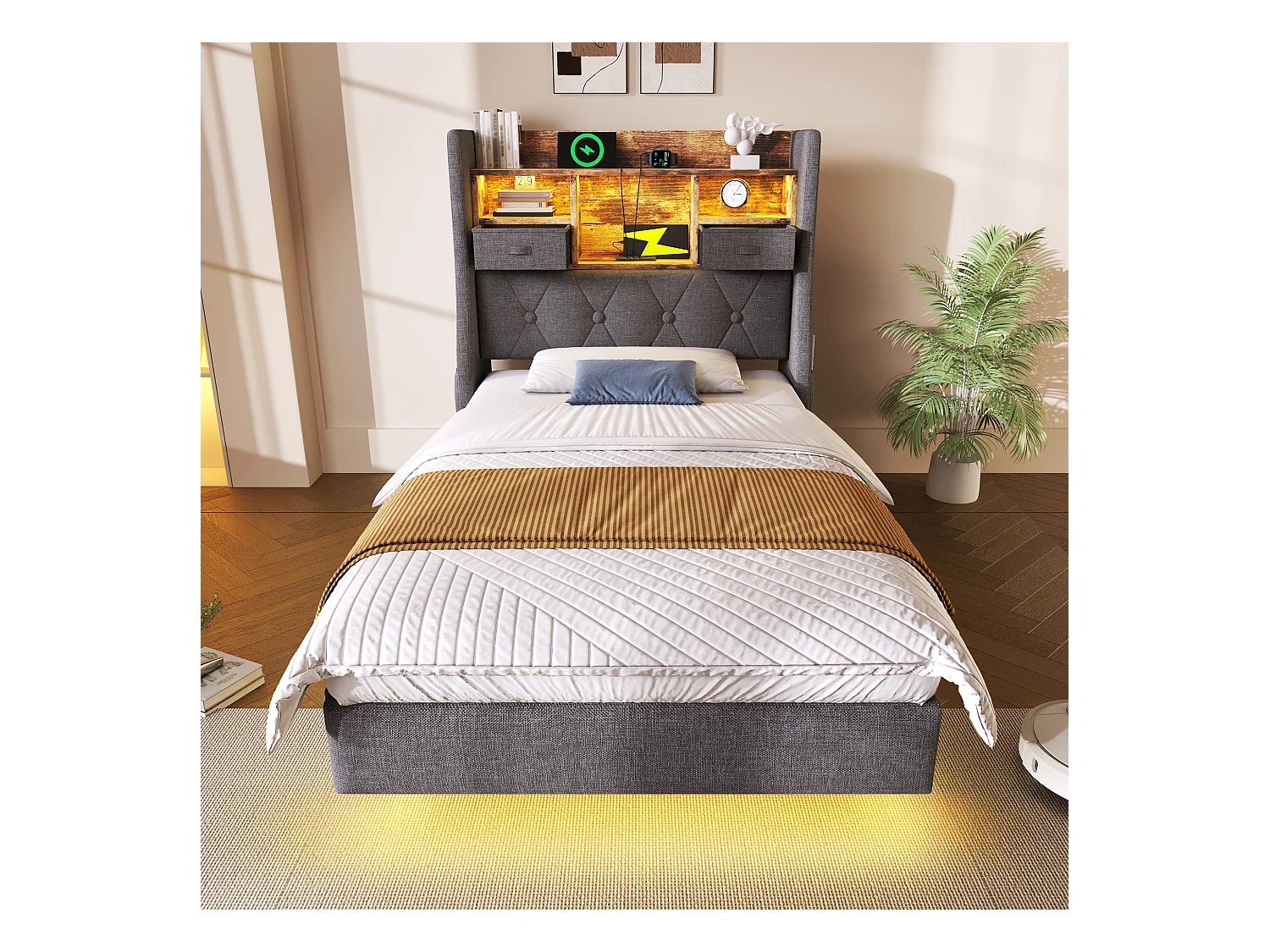 Lit rembourré moderne - 90 x 200 cm - avec Leds + station de charge + tête de lit de rangement - lin - gris(avec matelas)