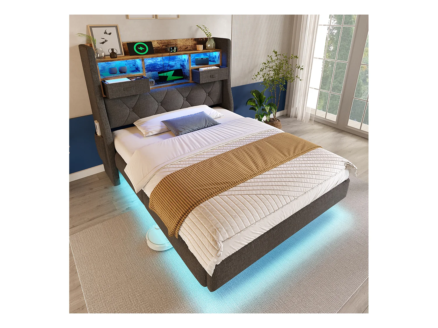 Lit rembourré moderne - 90 x 200 cm - avec Leds + station de charge + tête de lit de rangement - lin - gris(avec matelas)