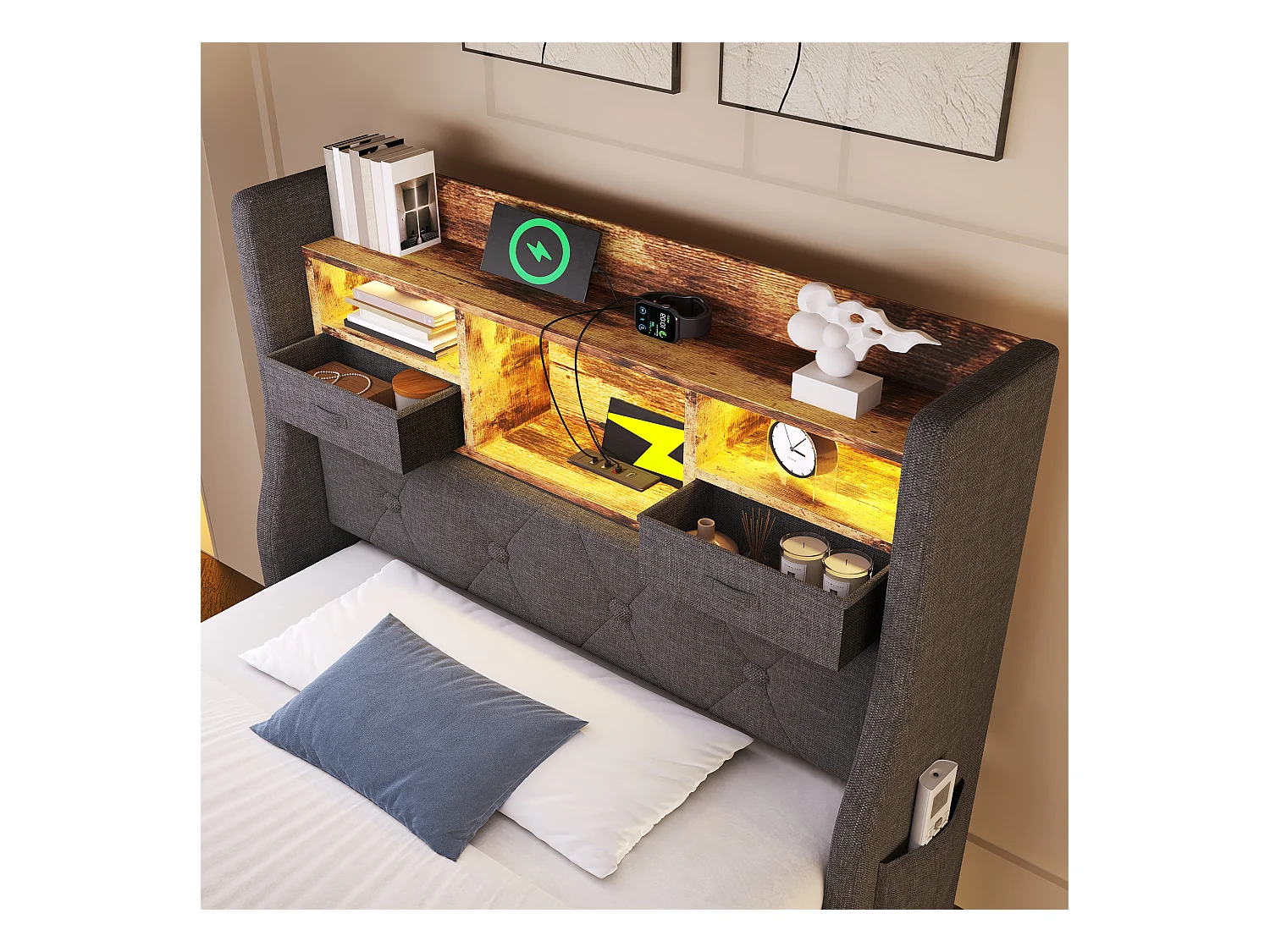 Lit rembourré moderne - 90 x 200 cm - avec Leds + station de charge + tête de lit de rangement - lin - gris(avec matelas)