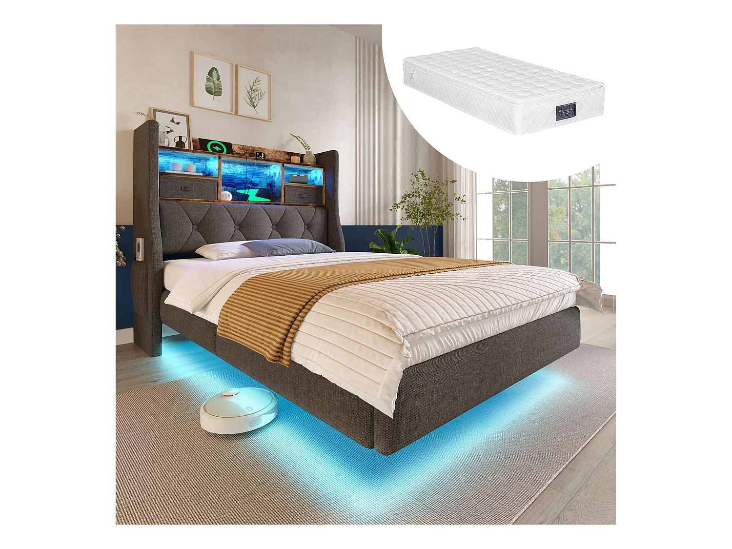 Lit rembourré moderne - 90 x 200 cm - avec Leds + station de charge + tête de lit de rangement - lin - gris(avec matelas)
