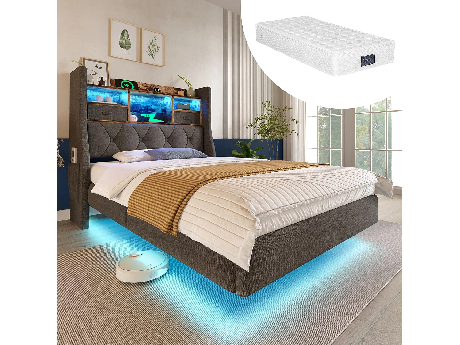 Modernes Polsterbett - 90 x 200 cm - mit LEDs + Ladestation + Stauraumkopfteil - Leinen - Grau (mit Matratze)