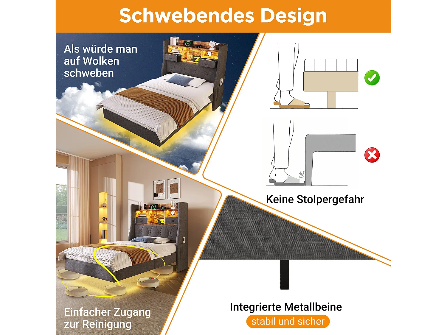 Modernes Polsterbett - 90 x 200 cm - mit LEDs + Ladestation + Stauraumkopfteil - Leinen - Grau (mit Matratze)