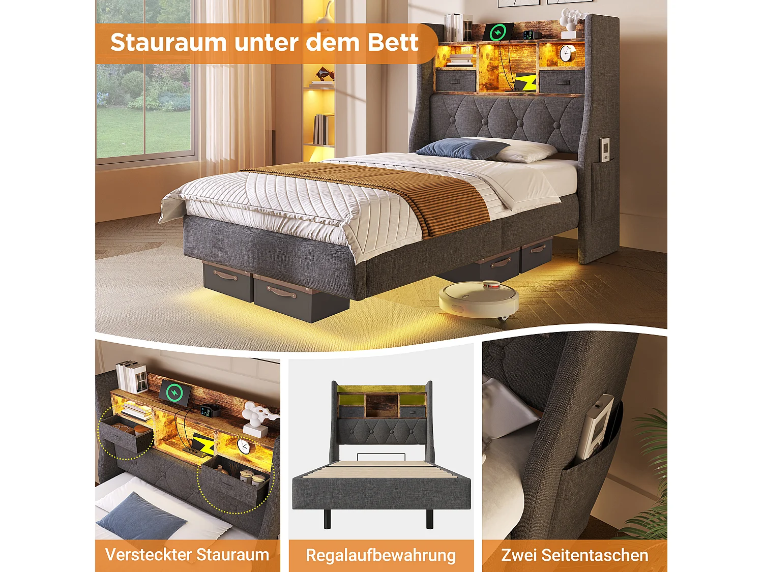 Modernes Polsterbett - 90 x 200 cm - mit LEDs + Ladestation + Stauraumkopfteil - Leinen - Grau (mit Matratze)