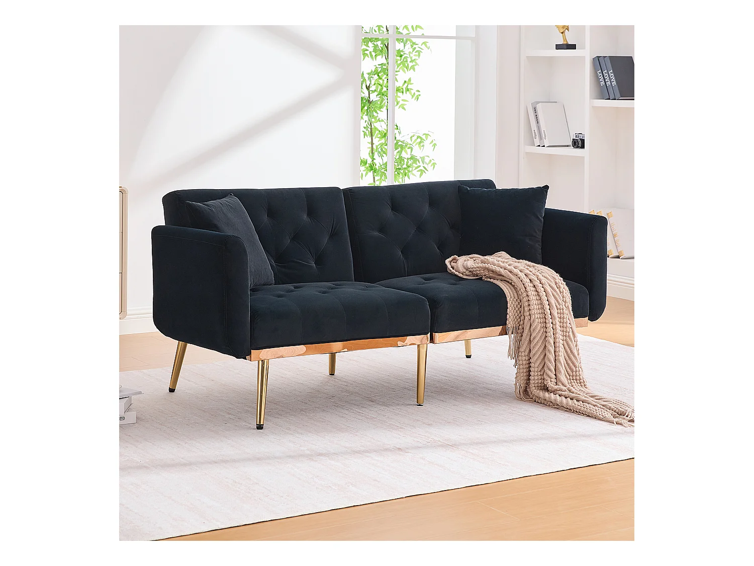 Canapé 2 places convertible avec coussins + dossier réglable - 165 x 72.5 x 75 cm - velours - noir