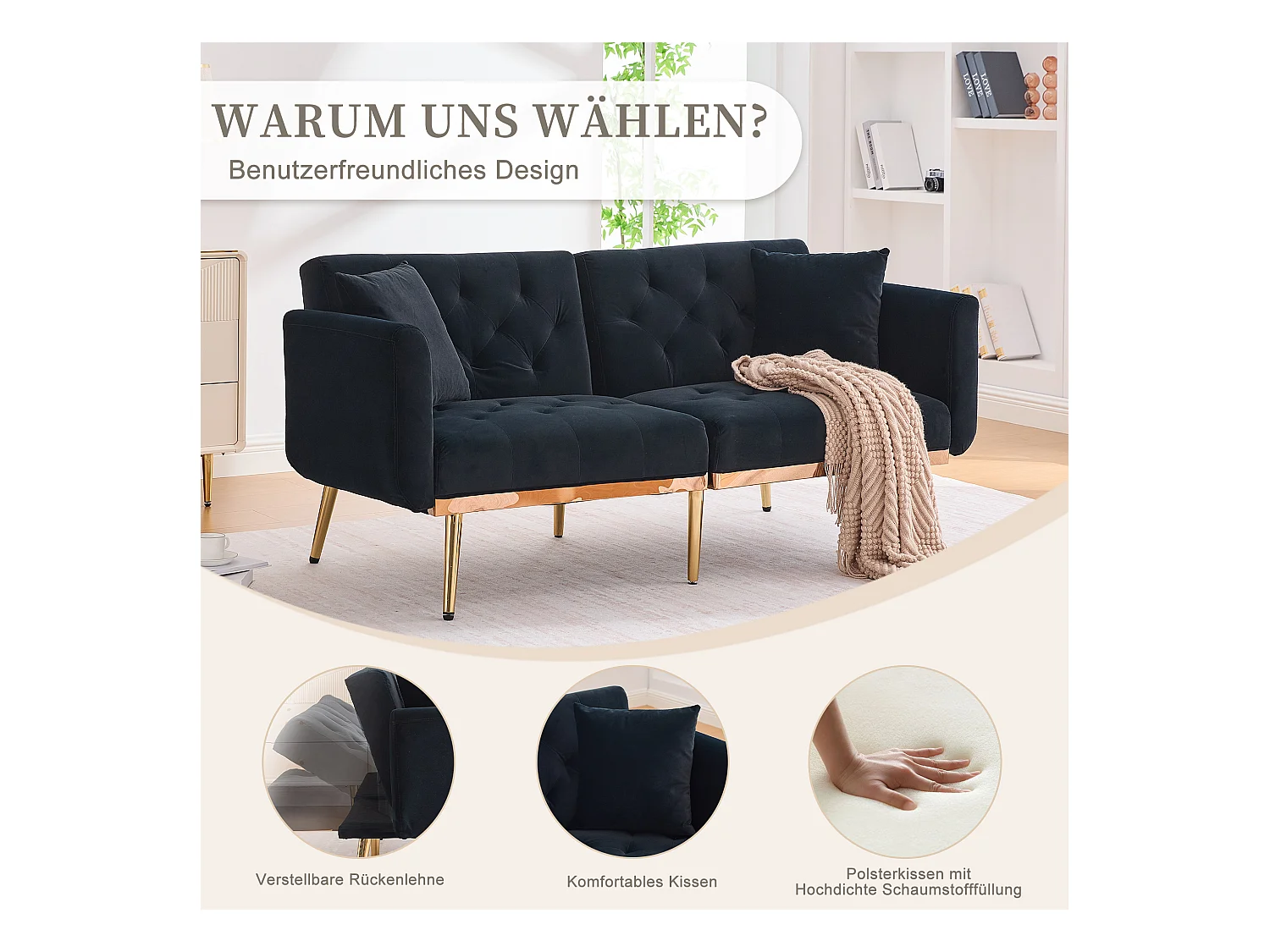 Canapé 2 places convertible avec coussins + dossier réglable - 165 x 72.5 x 75 cm - velours - noir