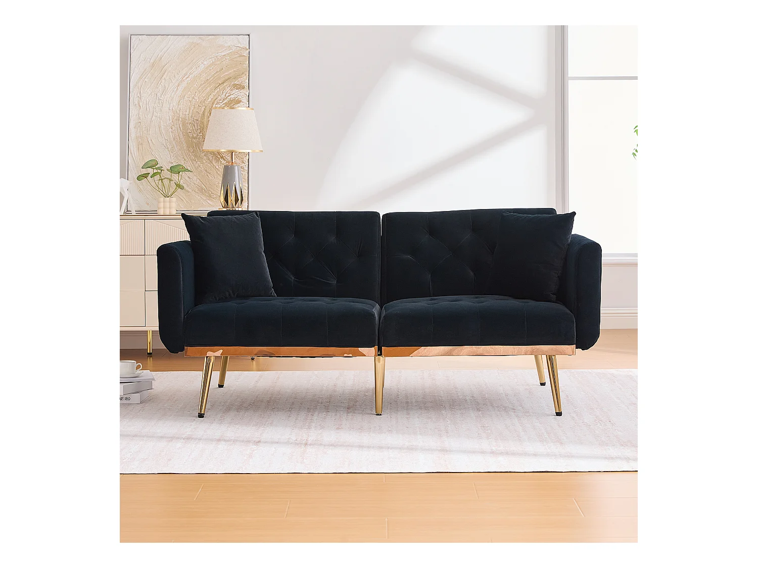 Canapé 2 places convertible avec coussins + dossier réglable - 165 x 72.5 x 75 cm - velours - noir