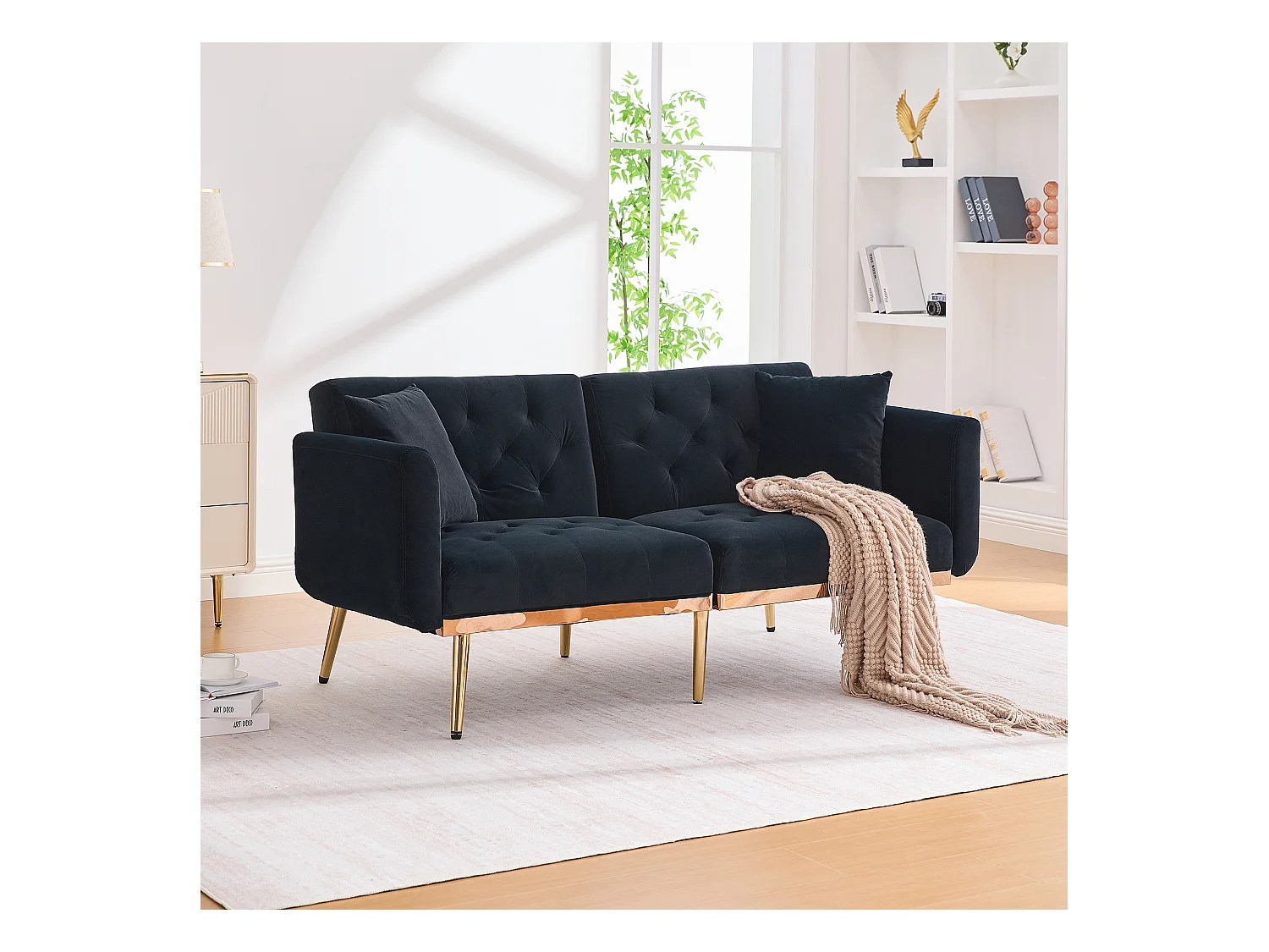 Canapé 2 places convertible avec coussins + dossier réglable - 165 x 72.5 x 75 cm - velours - noir