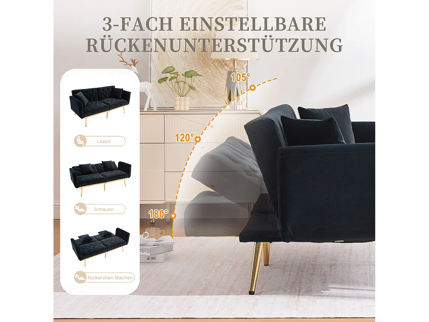 Canapé 2 places convertible avec coussins + dossier réglable - 165 x 72.5 x 75 cm - velours - noir