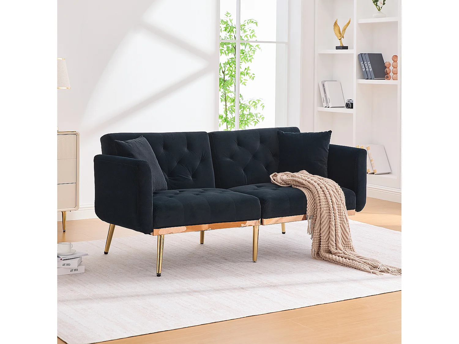 Canapé 2 places convertible avec coussins + dossier réglable - 165 x 72.5 x 75 cm - velours - noir