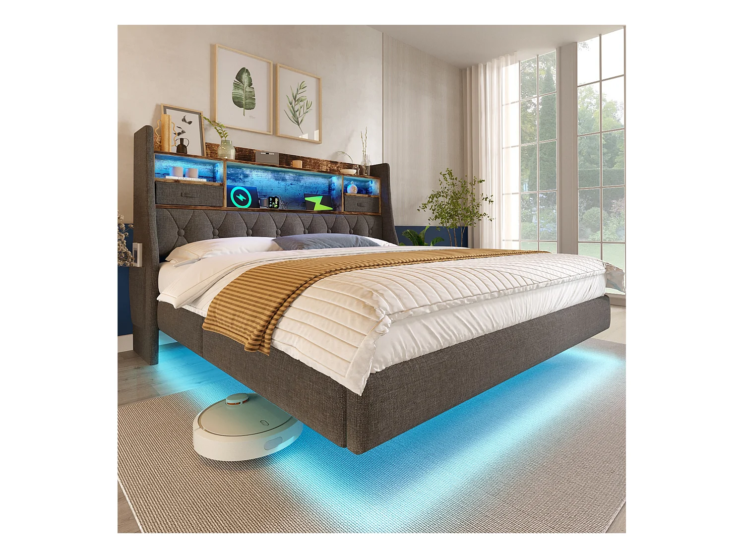 Lit rembourré double - 140 x 200 cm - avec Leds + station de charge + tête de lit de rangement - lin - gris