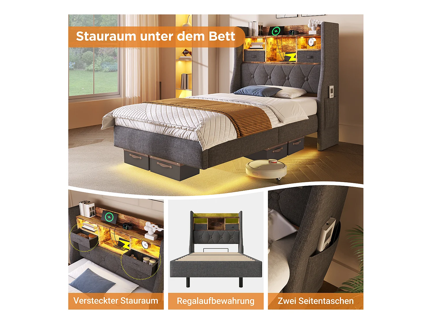 Lit rembourré double - 140 x 200 cm - avec Leds + station de charge + tête de lit de rangement - lin - gris