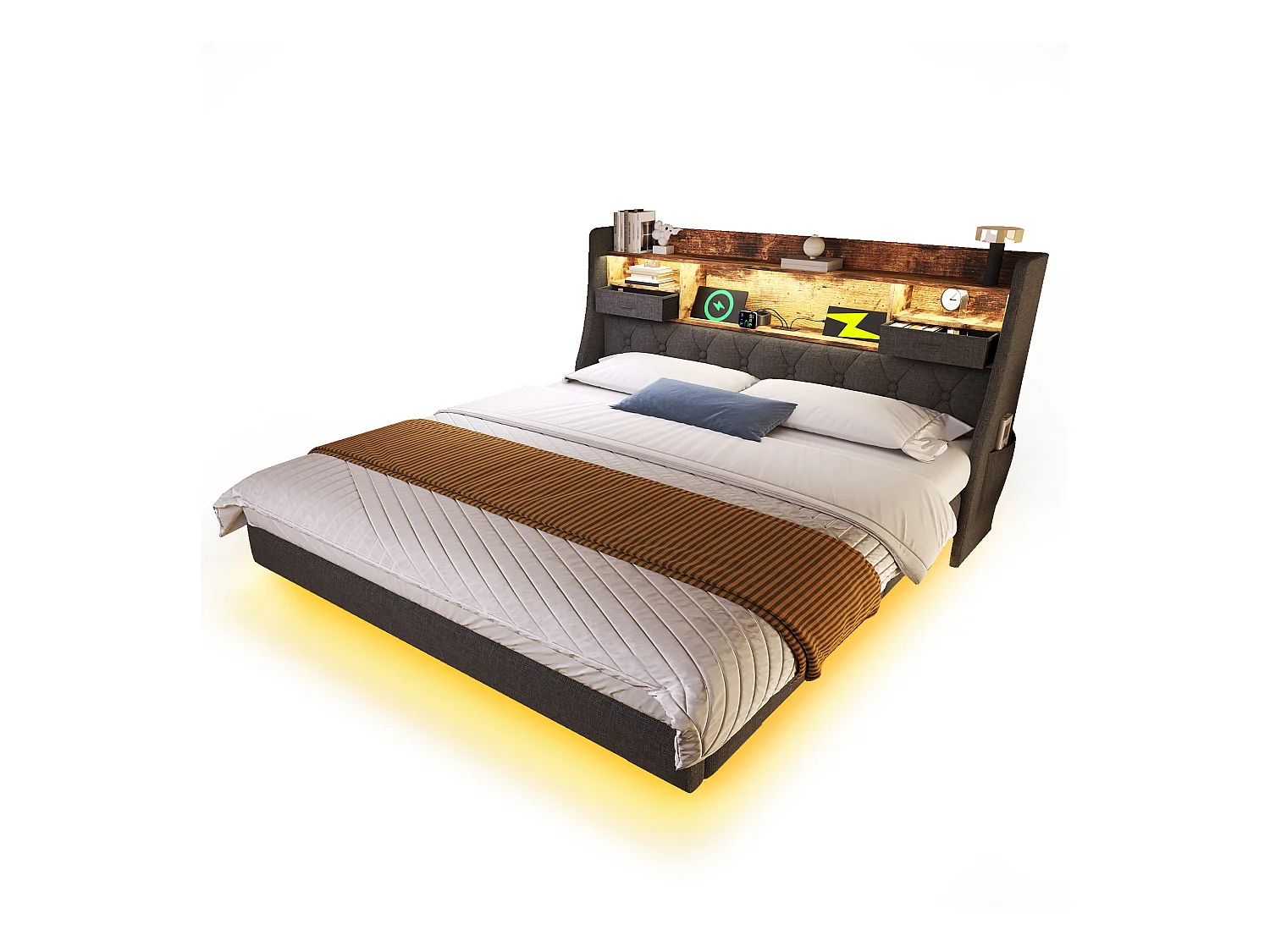 Lit rembourré double - 140 x 200 cm - avec Leds + station de charge + tête de lit de rangement - lin - gris