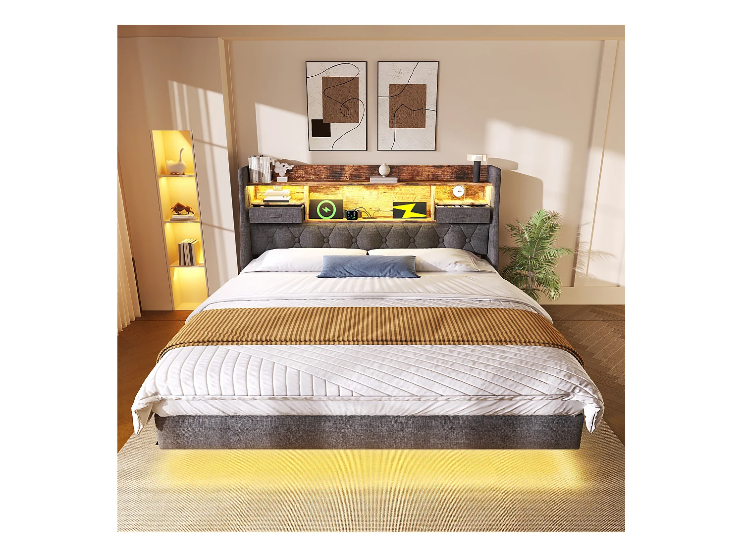 Lit rembourré double - 140 x 200 cm - avec Leds + station de charge + tête de lit de rangement - lin - gris