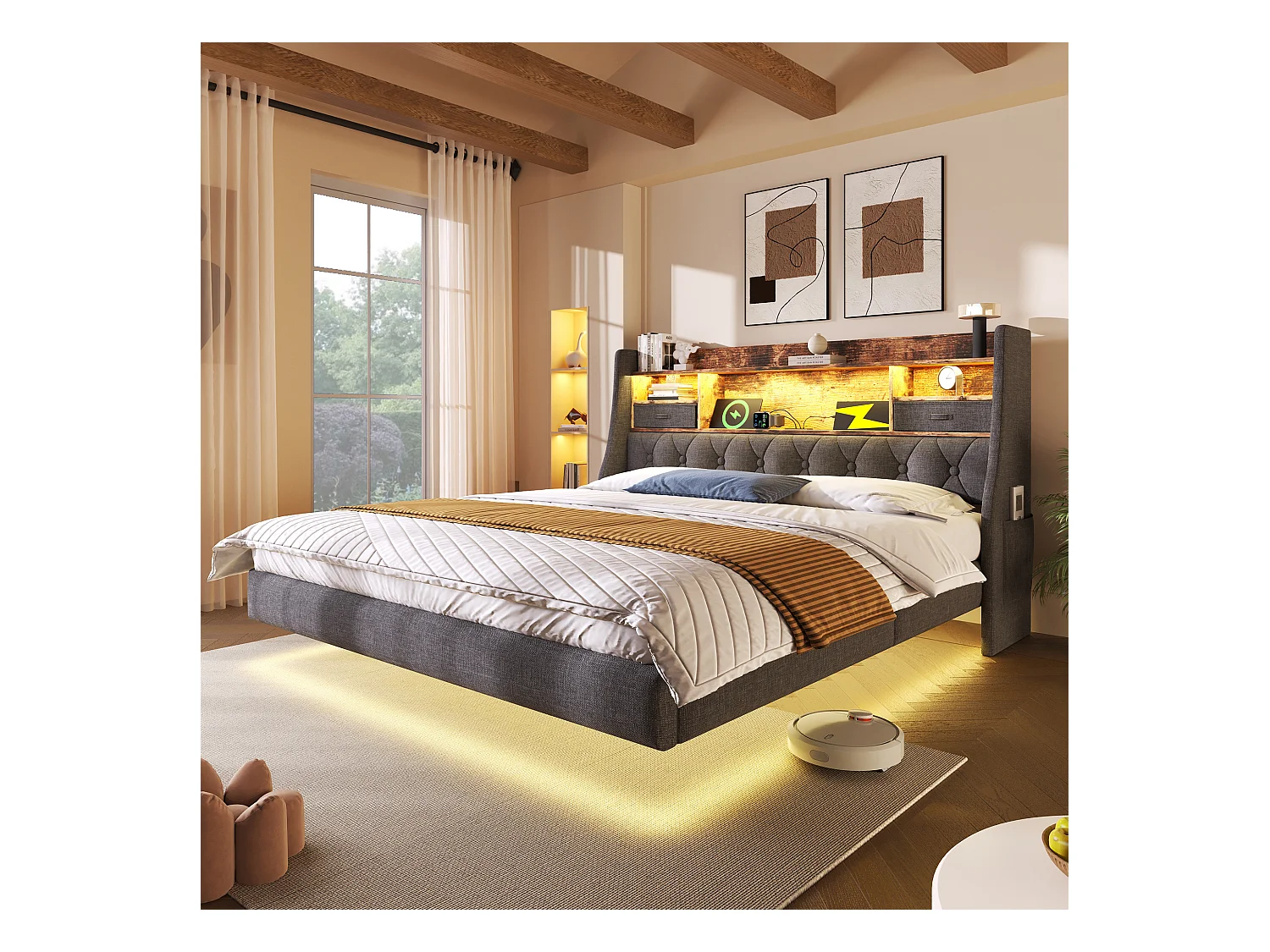 Lit rembourré double - 140 x 200 cm - avec Leds + station de charge + tête de lit de rangement - lin - gris