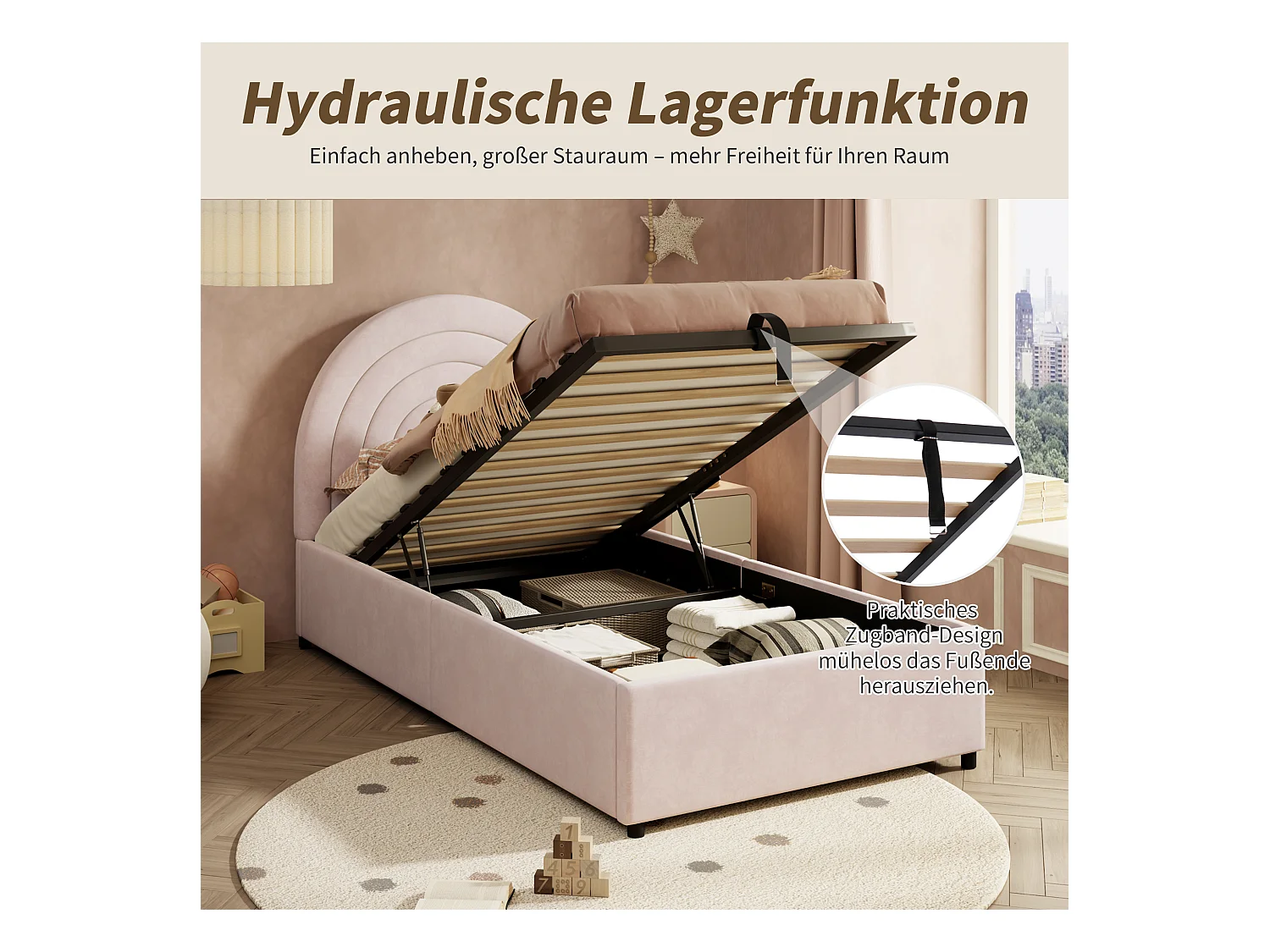 Lit rembourré pour enfant - 90 x 200 cm - avec rangement hydraulique + tête de lit - velours - rose