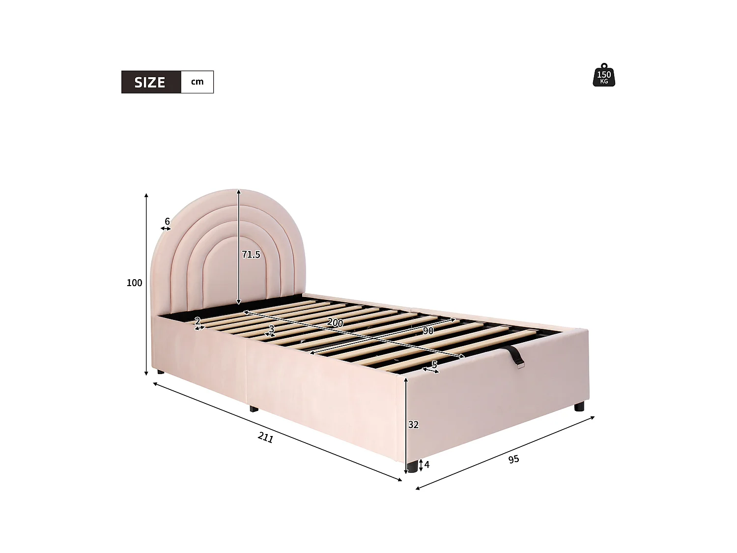 Lit rembourré pour enfant - 90 x 200 cm - avec rangement hydraulique + tête de lit - velours - rose