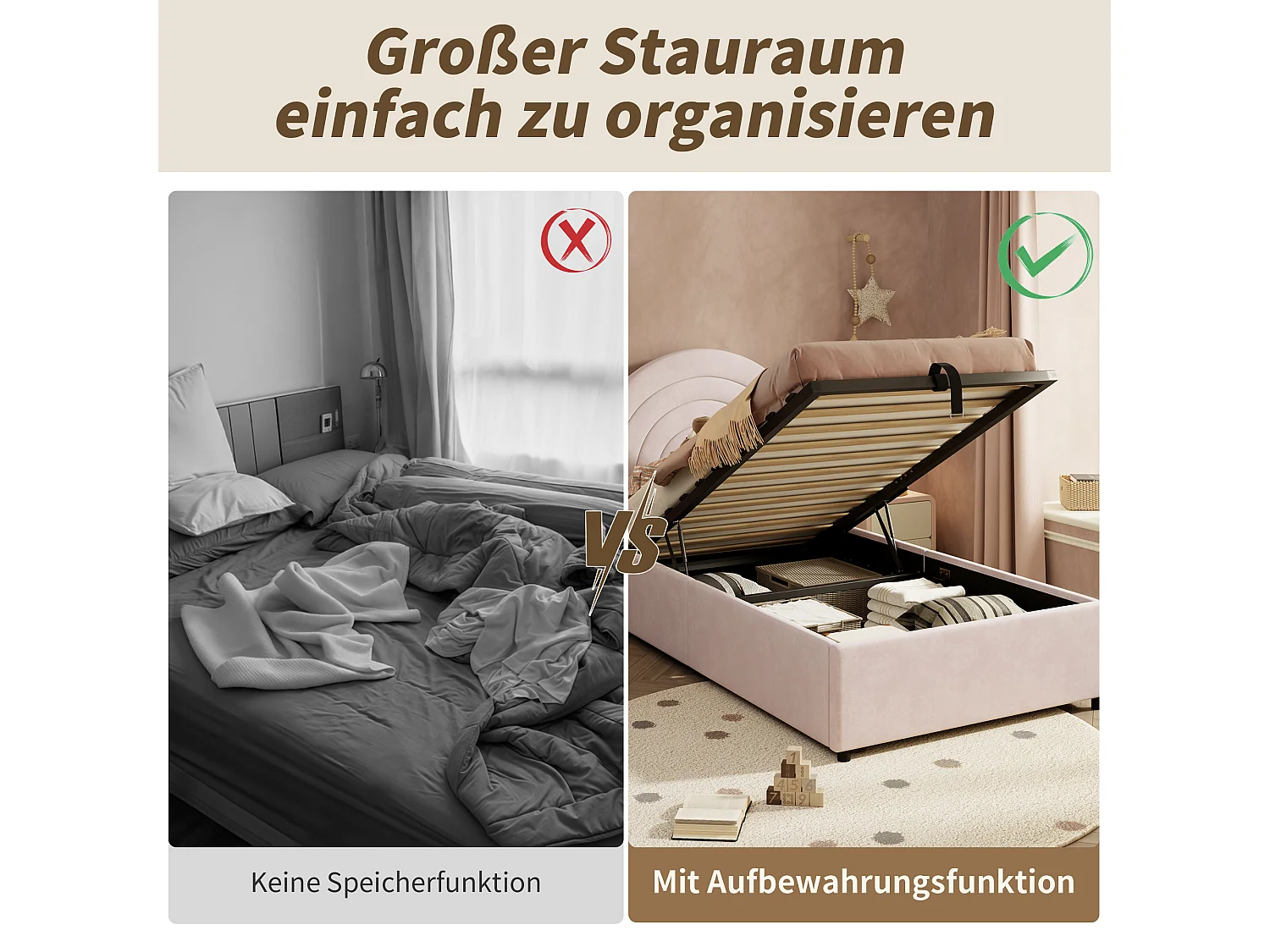 Lit rembourré pour enfant - 90 x 200 cm - avec rangement hydraulique + tête de lit - velours - rose