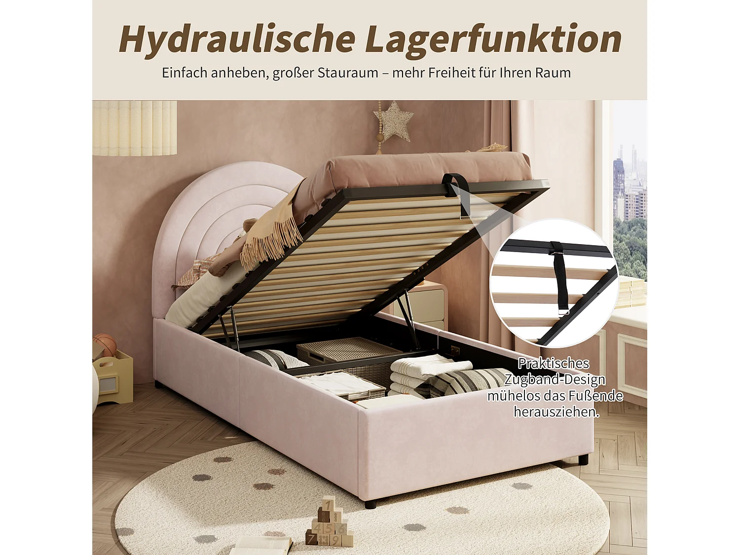 Lit rembourré pour enfant - 90 x 200 cm - avec rangement hydraulique + tête de lit - velours - rose