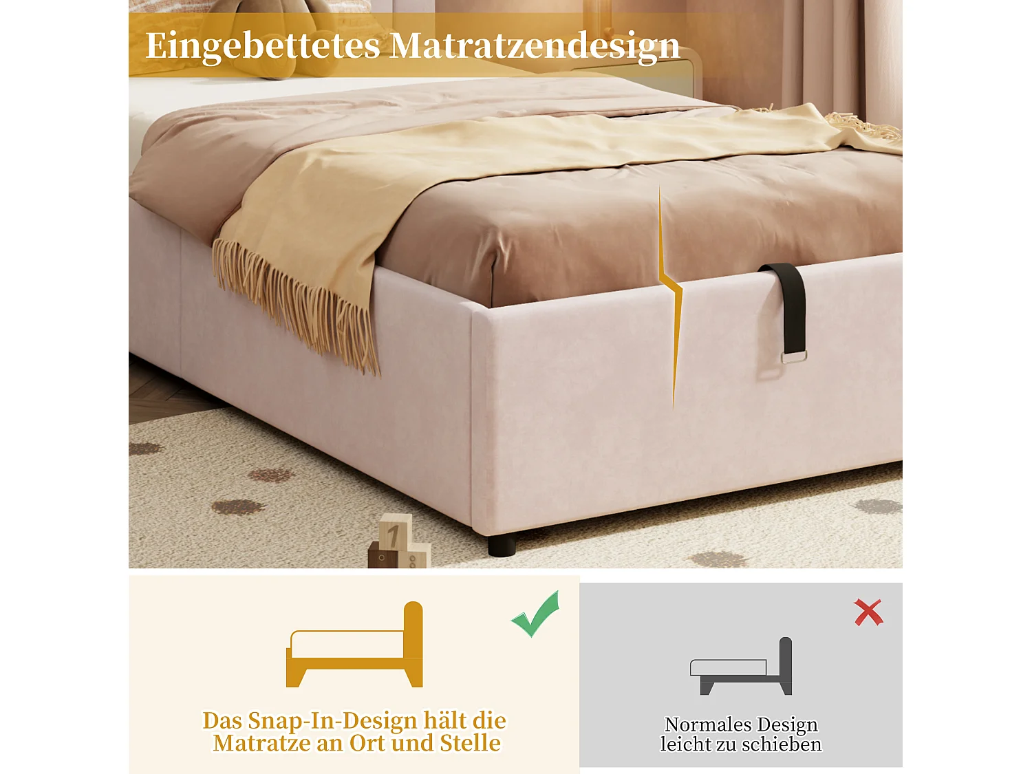 Lit rembourré pour enfant - 90 x 200 cm - avec rangement hydraulique + tête de lit - velours - rose