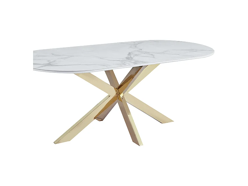 Table à Manger MANON – 200x90 cm – Céramique Marbre Blanc & Pied Gold