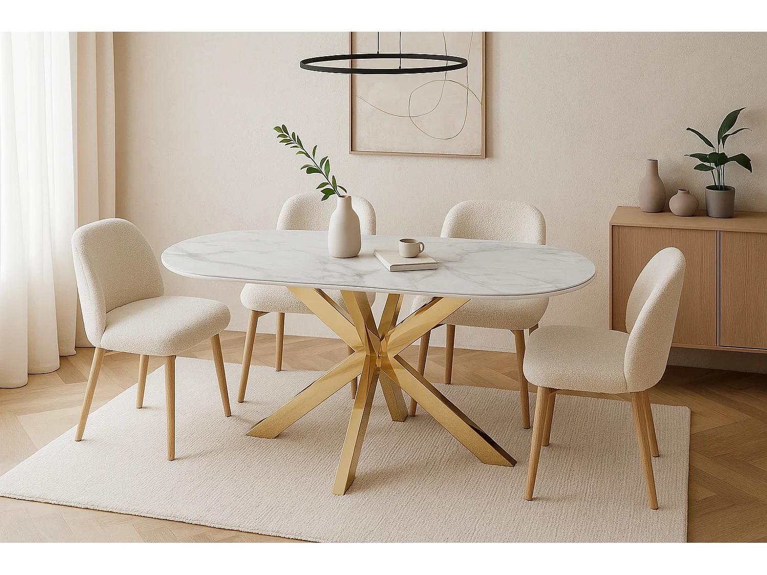 Table à Manger MANON – 200x90 cm – Céramique Marbre Blanc & Pied Gold