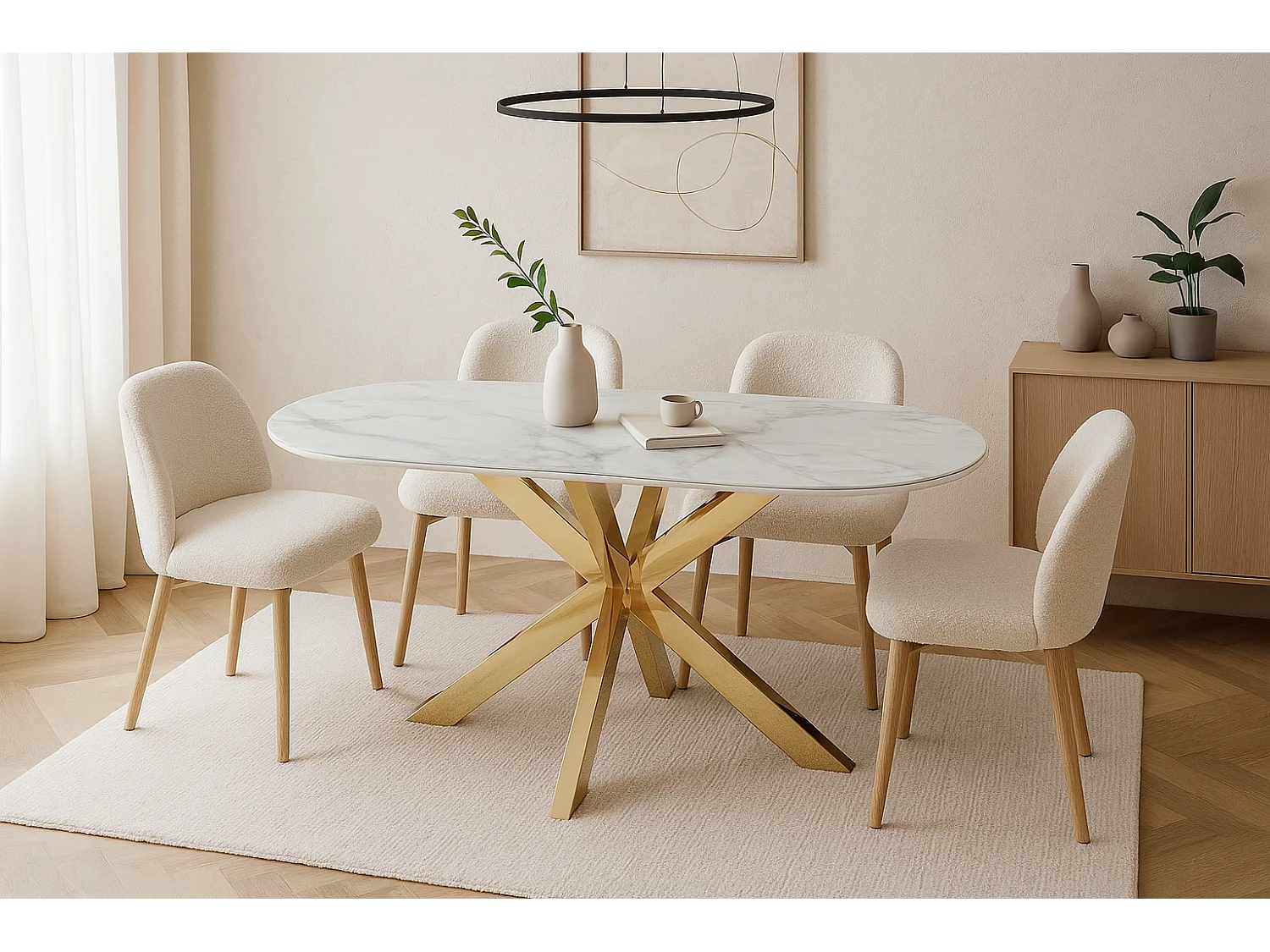 Table à Manger MANON – 200x90 cm – Céramique Marbre Blanc & Pied Gold