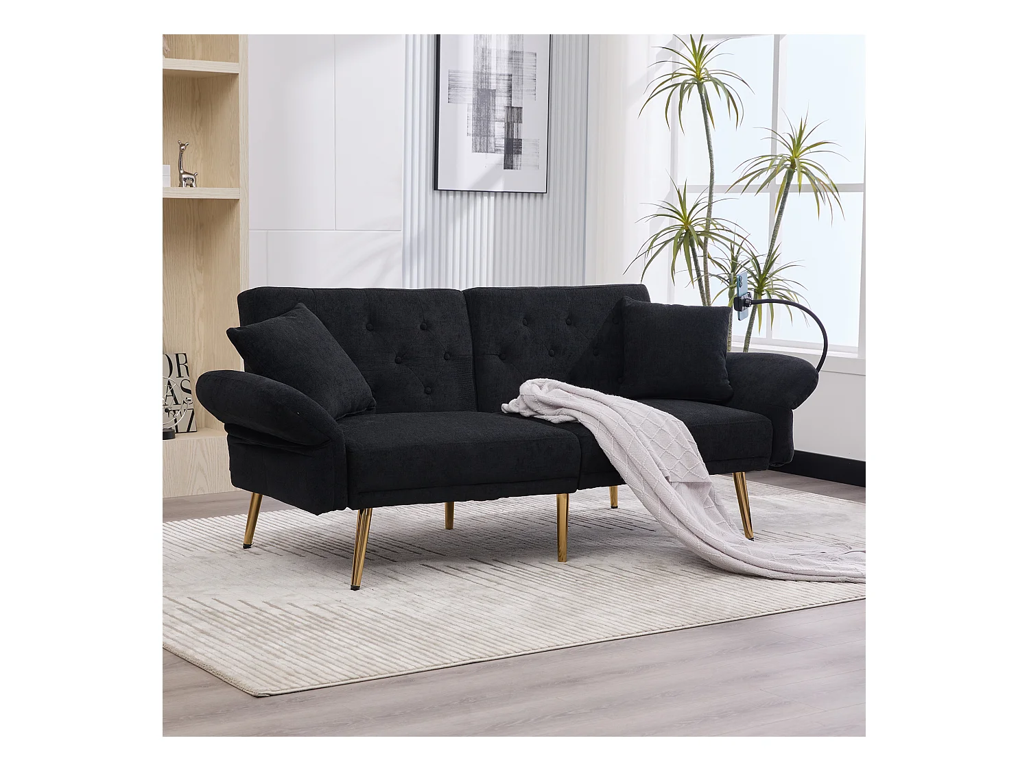 Canapé 2 places convertible avec dossier réglable + 2 USB + poche latérale - 173 x 78 x 78 - velours - noir