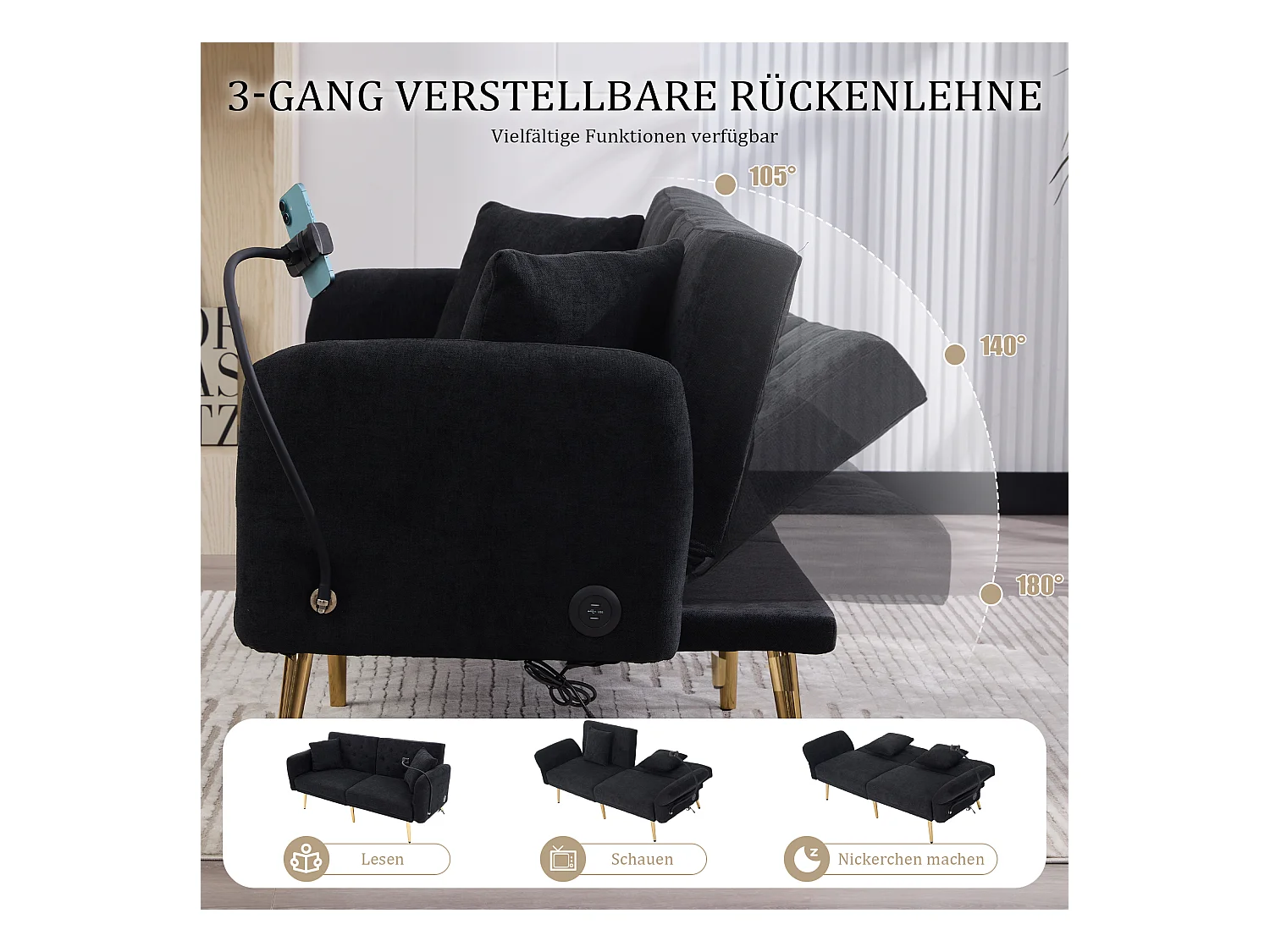 Canapé 2 places convertible avec dossier réglable + 2 USB + poche latérale - 173 x 78 x 78 - velours - noir