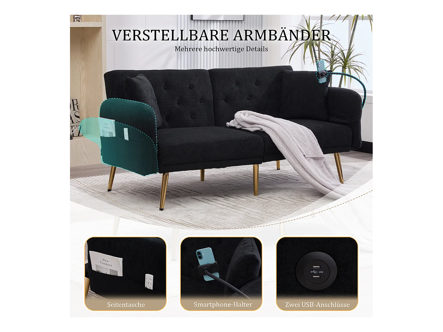 Canapé 2 places convertible avec dossier réglable + 2 USB + poche latérale - 173 x 78 x 78 - velours - noir